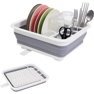 Collapsible Dish Drying Rack with Rotating Drain & Plug,Space-Saving Dish Drainers for Kitchen Counter, Portable Dish Rack Over Sink Drying Dinnerware,Travel Trailer RV Camping Essentials