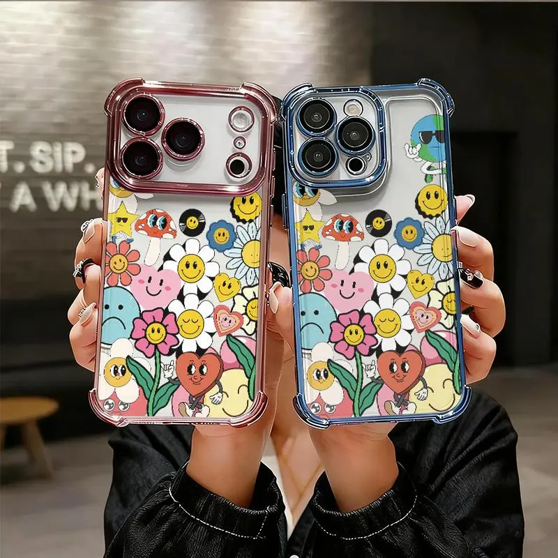 Y2K Happy Face Flowers Phone Case for iPhone 17 AIR 17 PRO 16 PRO 15  PRO MAX  14 PLUS 13 PRO 12 11 series (silicone softshell) airbag anti-drop and shockproofmobile phone protective case Smartphone Cellphone, Accessories, Handheld