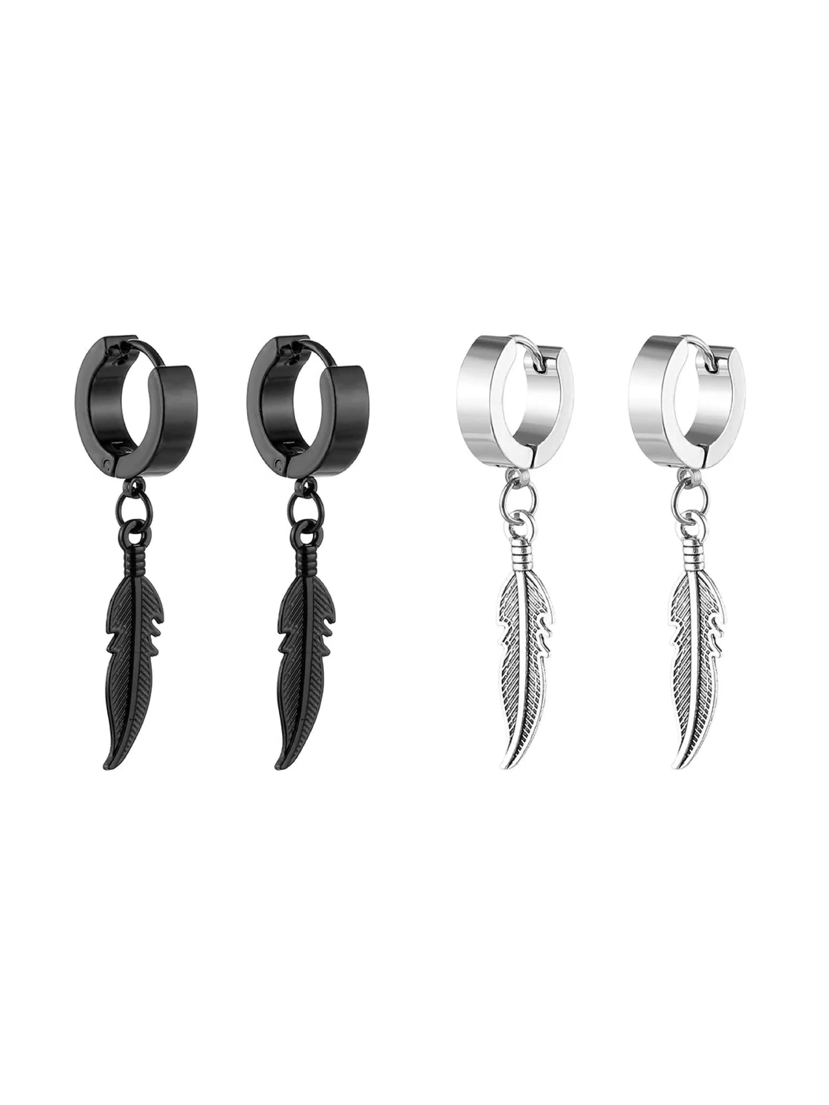 2 Colors Stainless Steel Hip Hop Feather Earrings Set, Unisex Ear Cuffs, Fashionable Daily Wear, Perfect Gift, Versatile Accessory