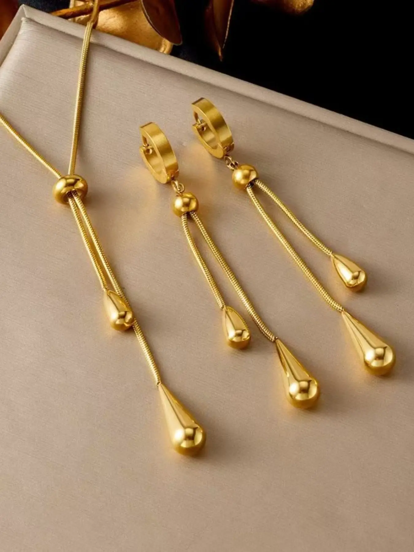 Fashion Minimalist Ligt Weight Titanium Steel Long Teardrop Pendant Necklace Earrings Set, Jewelry Sets, Anti-Fading, Slide Snake Chain Drop Necklace, Elegant Jewelry Gift for Women, Trendy Accessory for Daily Wear