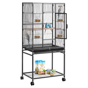 VEVOR Wrought Iron Bird Flight Cage, 24.6x16.7x53.9in Flat Top, 24.69 lbs, with Perches, Slide-Out Tray, Plastic Feeders, Casters, for Canary, Small Birds, Outdoors, Living Room, Balcony