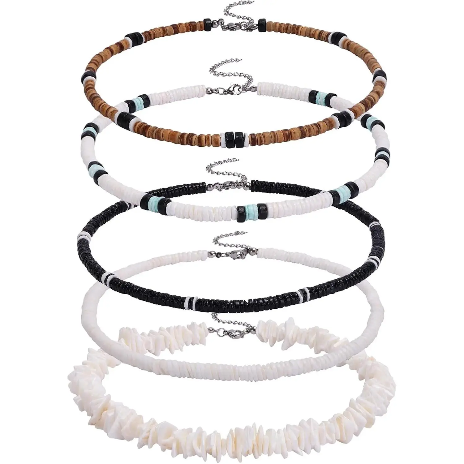 5pcs Puka Shell Necklace - Summer Beach Surfer & Hawaiian Necklace for Men & Women - White Beach Jewelry