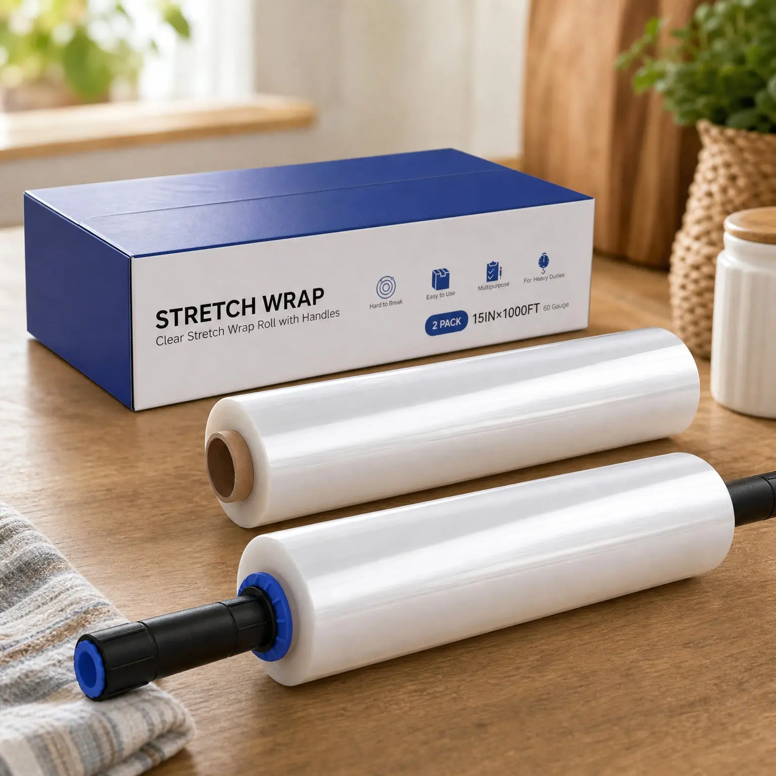 Shrink Wrap 2 Rolls with Handles, 15 in x 1000 ft Heavy Duty Stretch Wrap, 60 Gauge 500% Stretch Industrial Strength for Pallet Wrap, Furniture Moving & Protection