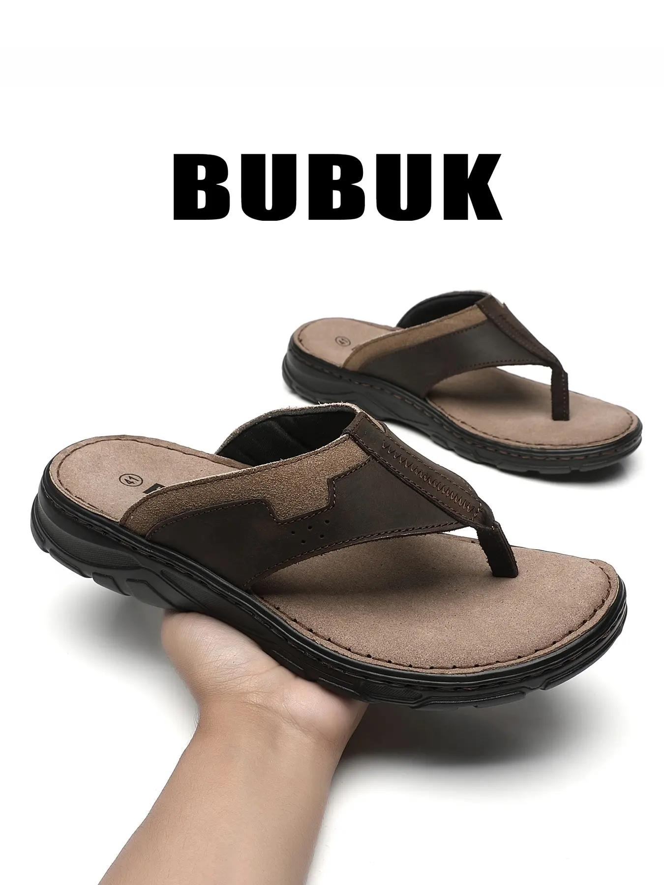 BUBUK Men's Genuine Leather Sandals, Slides Sandals, Classic Herringbone Design, Durable Anti-Slip Flat Beach Shoes, Casual Outdoor Footwear, Versatile Summer Slippers