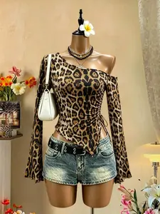Women's Leopard Print Casual Long Sleeve Top, Asymmetrical Hem, Adjustable Drawstring, Slanted Shoulder Neck, Bell Sleeve, Fall & Winter Fashion