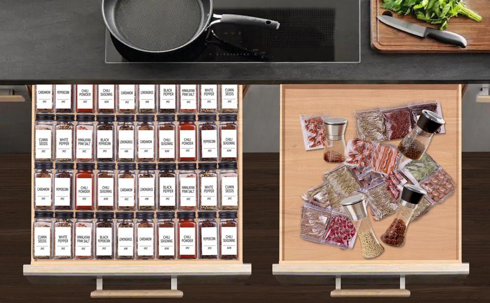 25 Spice Jars with 547 Labels- Glass Spice Jars with Black Metal Caps, 4oz Empty Spice Containers with Shaker Lids, Funnel, Chalk Pen, Square Seasoning Bottles for Spice Rack, Drawer, Cabinet