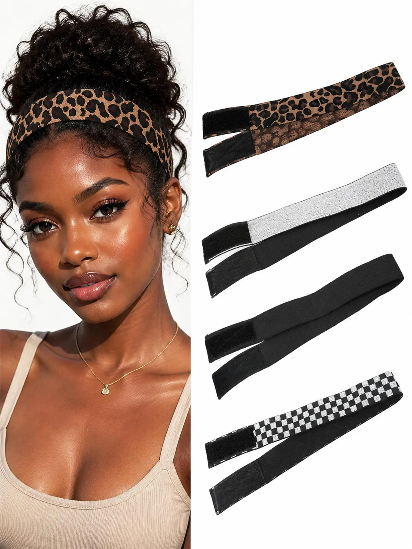 2Pc Adjustable Elastic Wig Grip Band with Magic Tape, Anti-Slip Secure Hold Headband for Lace Front Wigs & Edge Wrap to Lay Edges, Headbands for Wigs, Wig Accessories for Daily Wear (Silver, Leopard, Black Pack,Checkerboard) 1.4×23.6 Inches