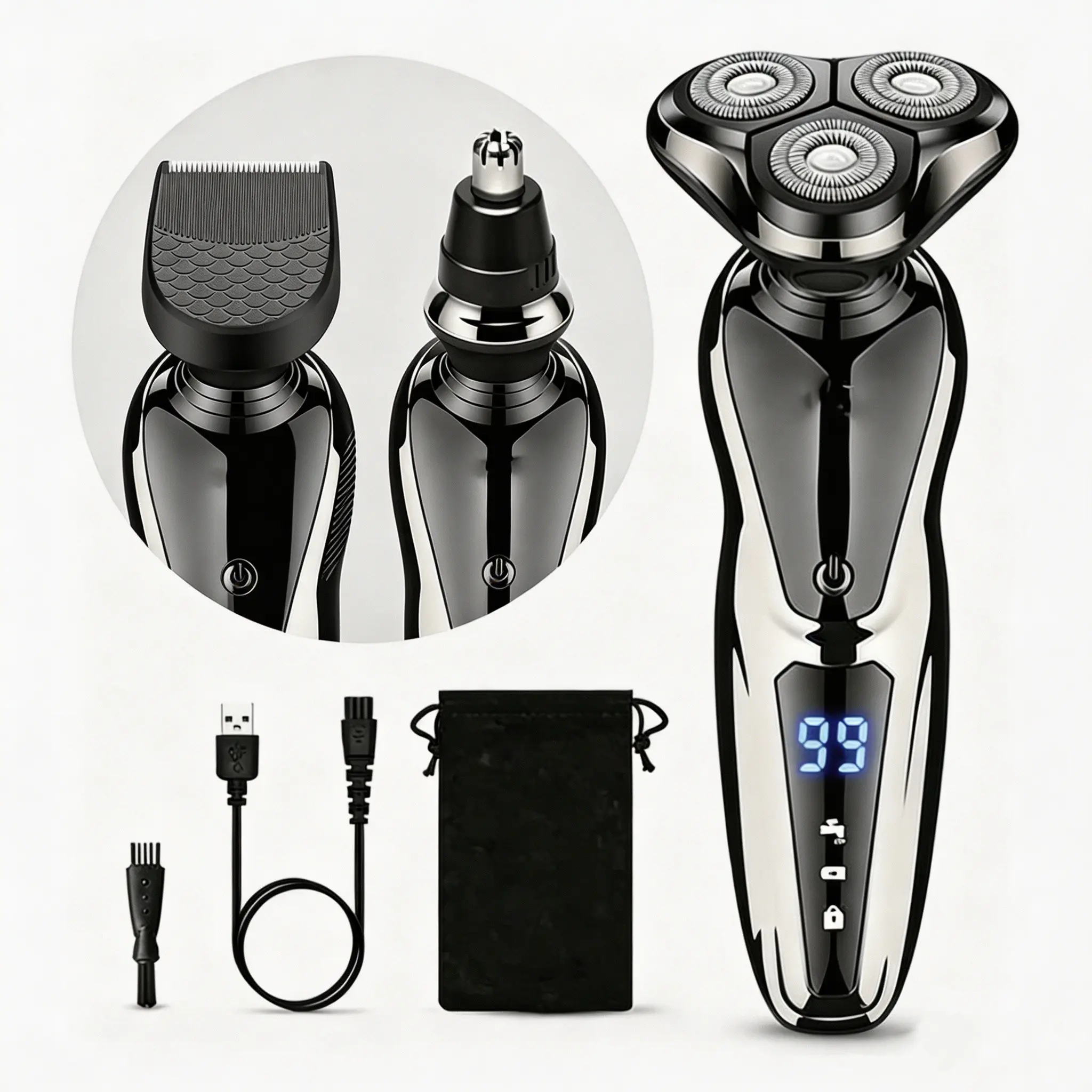Electric Razor for Men - Rechargeable Electric Shaver for Men, Waterproof Wet Dry Cordless Razor with Nose Hair Trimmer and Sideburns Trimmer