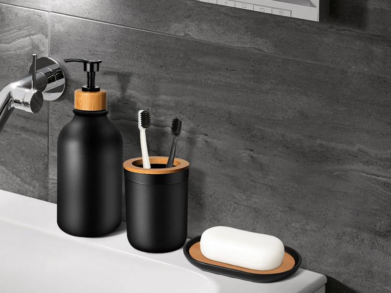ZY Black Bathroom Accessories Set 5 Pcs, Matte Black Bathroom Accessories, Plastic Soap Dispenser and Toothbrush Holder Set, Soap Dish, Cotton Swab Jar, Black Bathroom Set, Boho Bathroom Decor Glass Hand Farmhouse Beige ZY Black Bathroom Accessories Set 5 Pcs, Matte Black Bathroom Accessories, Plastic Soap Dispenser and Toothbrush Holder Set, Soap Dish, Cotton Swab Jar, Black Bathroom Set, Boho Bathroom Decor Glass Hand Farmhouse Beige