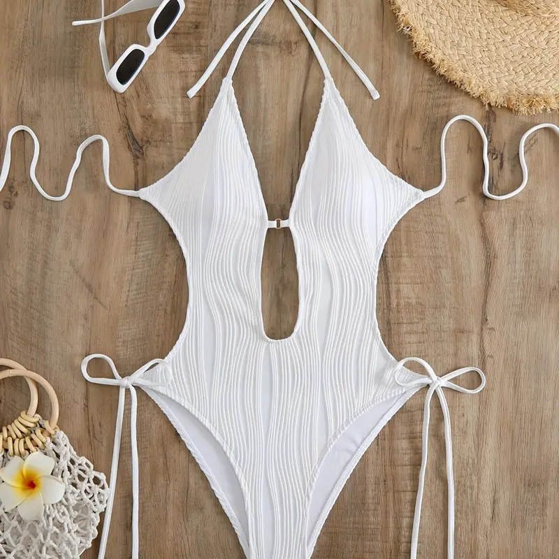 Women's Fashion Backless Halter One-Piece Swimsuit, Sexy High Elasticity Solid Color Tie Detail Swimwear, Hot Selling Cutout Binding Back Bikini, Fitted Swimwear