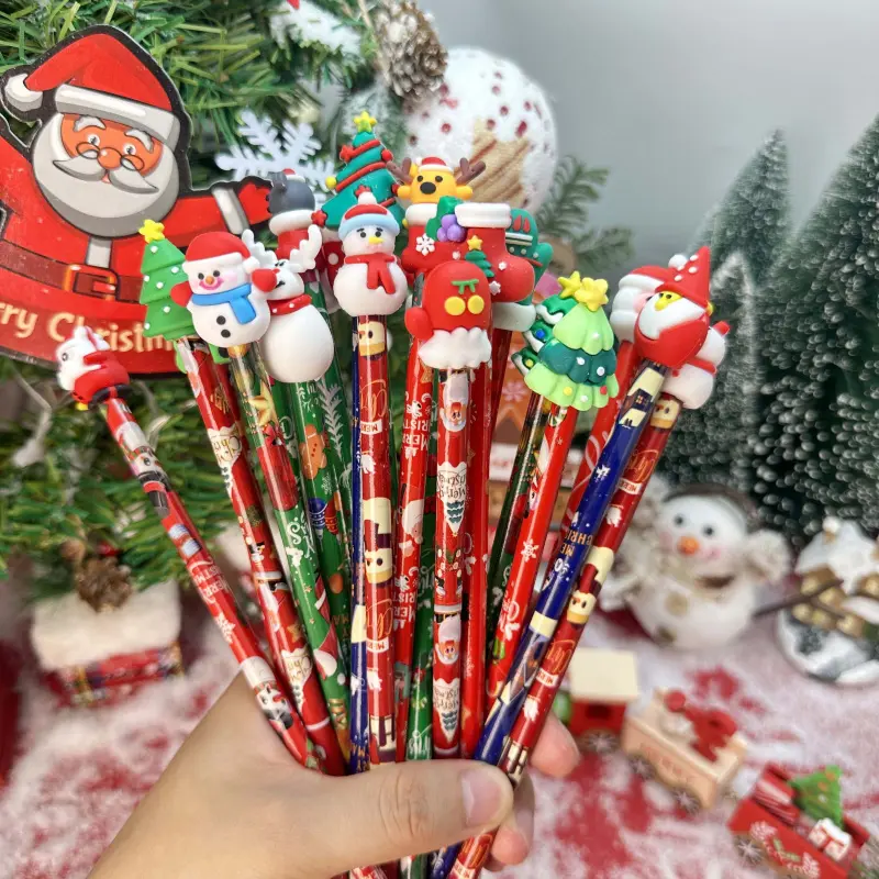 5/15/25 colored Christmas-themed pencils, decorated with cartoon hats, snowmen, Christmas trees, and Santa Claus, random styles, comfortable grip - student supplies, fun stationery, smooth writing, lightweight pen body, Secret Santa party gifts