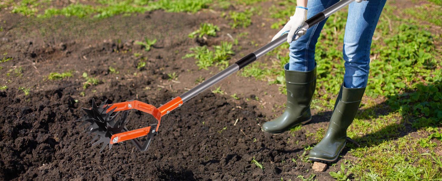 Rotary Cultivator Garden Tool, Adjustable Long Handle Hand Tiller with Star-Shaped Rolling Tines, 2-in-1 Weeder & Soil Aerator for Lawn Care, Reseeding Grass, Soil Mixing, Manual Yard Tiller