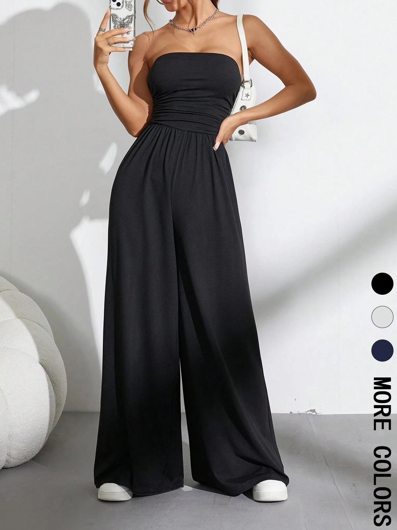 Women's Solid Color Tube Jumpsuit, Casual Fashion Jumpsuit for Daily Wear, Women's Jumpsuit for Summer, Casual Jumpsuits