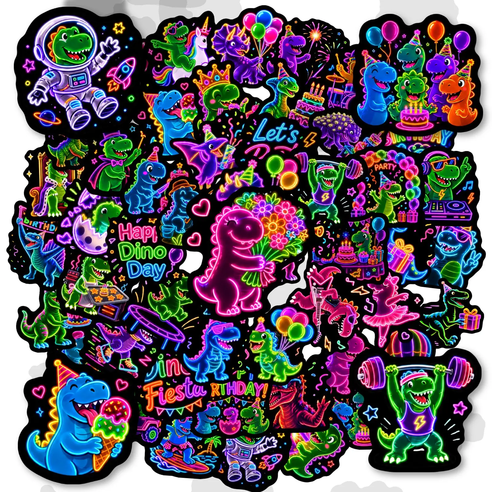 50Pcs New Fluorescent Party Dinosaur Stickers, Waterproof Cute Dinosaur Decals, Personalized DIY Decorative Stickers for Phone, Water Bottle, Laptop, Scrapbook, Luggage