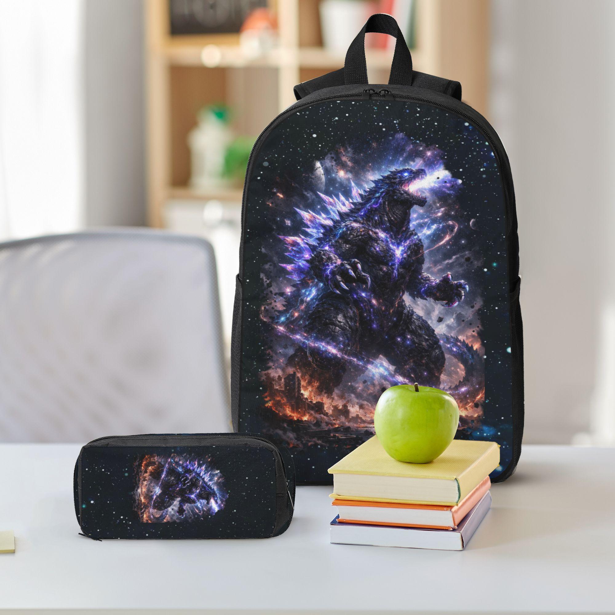 Godzilla Anime Kids' 3-Piece Backpack Set - Polyester Daypack, Lunchbox, Pencil Case, Durable, Stylish Casual School Supplies for Back to School, Printed, Unisex