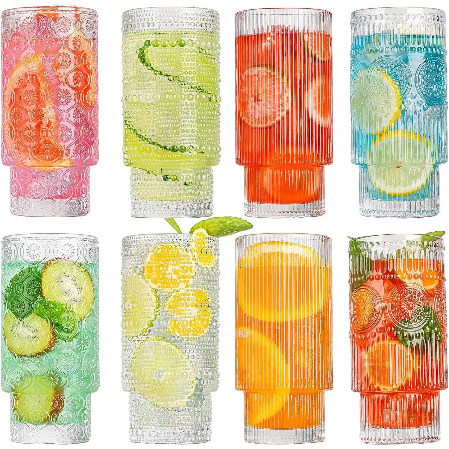 16oz Origami Style Drinking Glasses with Straw, 8 Pcs Highball Glasses, Stackable Vintage Ribbed Glassware, Iced Coffee Glasses Ideal for Cocktail, Whiskey, Juice