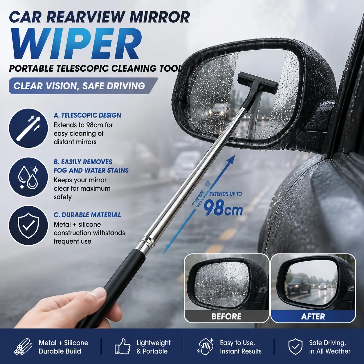 Portable Car Windshield Wiper, Manual Window Cleaning Tool, Extendable Defogger Scraper, Automotive Emergency Wiper for Rainy Days, Anti-Slip Durable Windshield Cleaner with Adjustable Handle