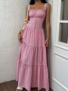 1 Piece Gingham Square-Neck Maxi Dress, Tiered Ruffle Sundress