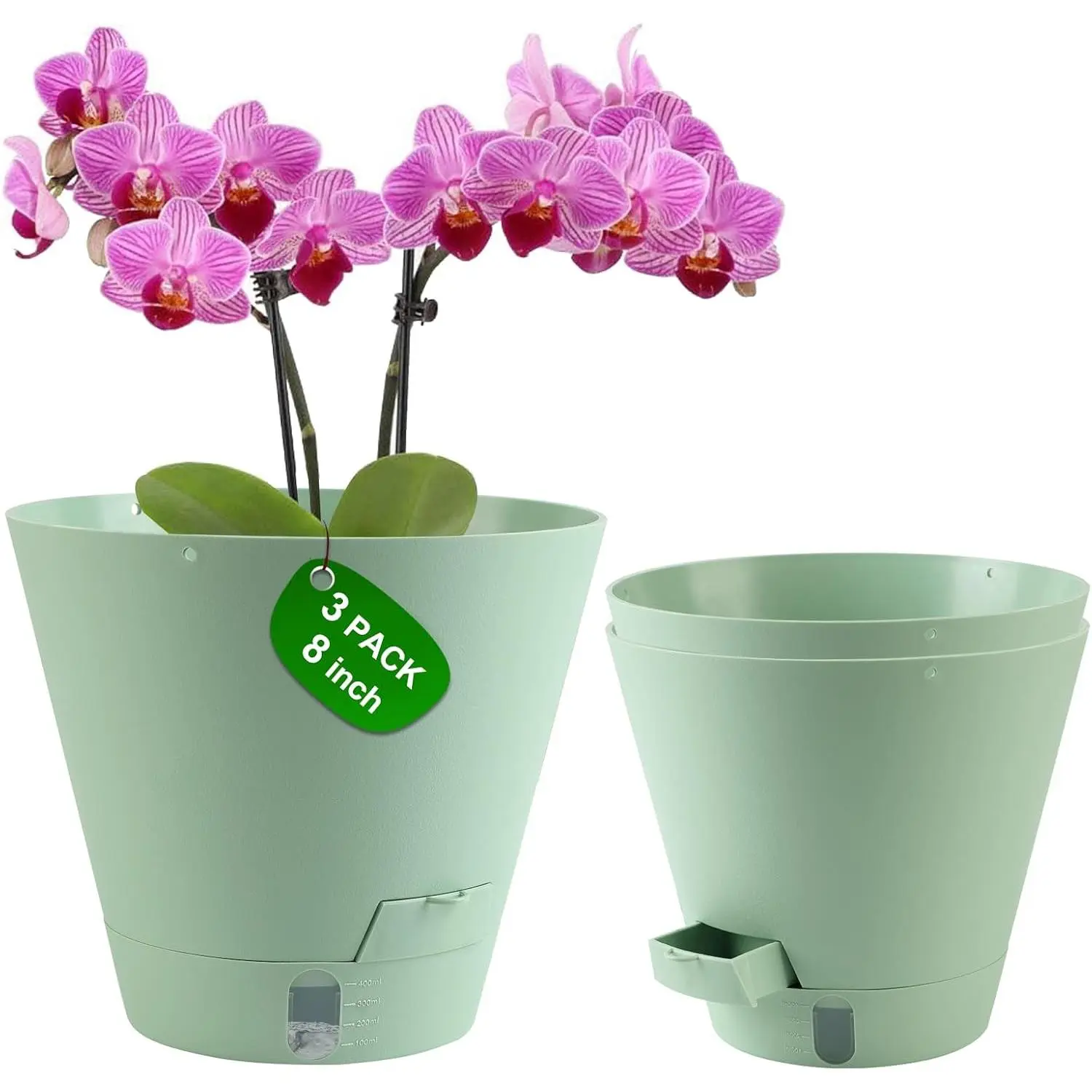 Self-Watering-Pots-for-Indoor-, 8 Inch Flower Pots for Indoor , 3 Packs Plastic Planters with Drainage Holes and Saucers