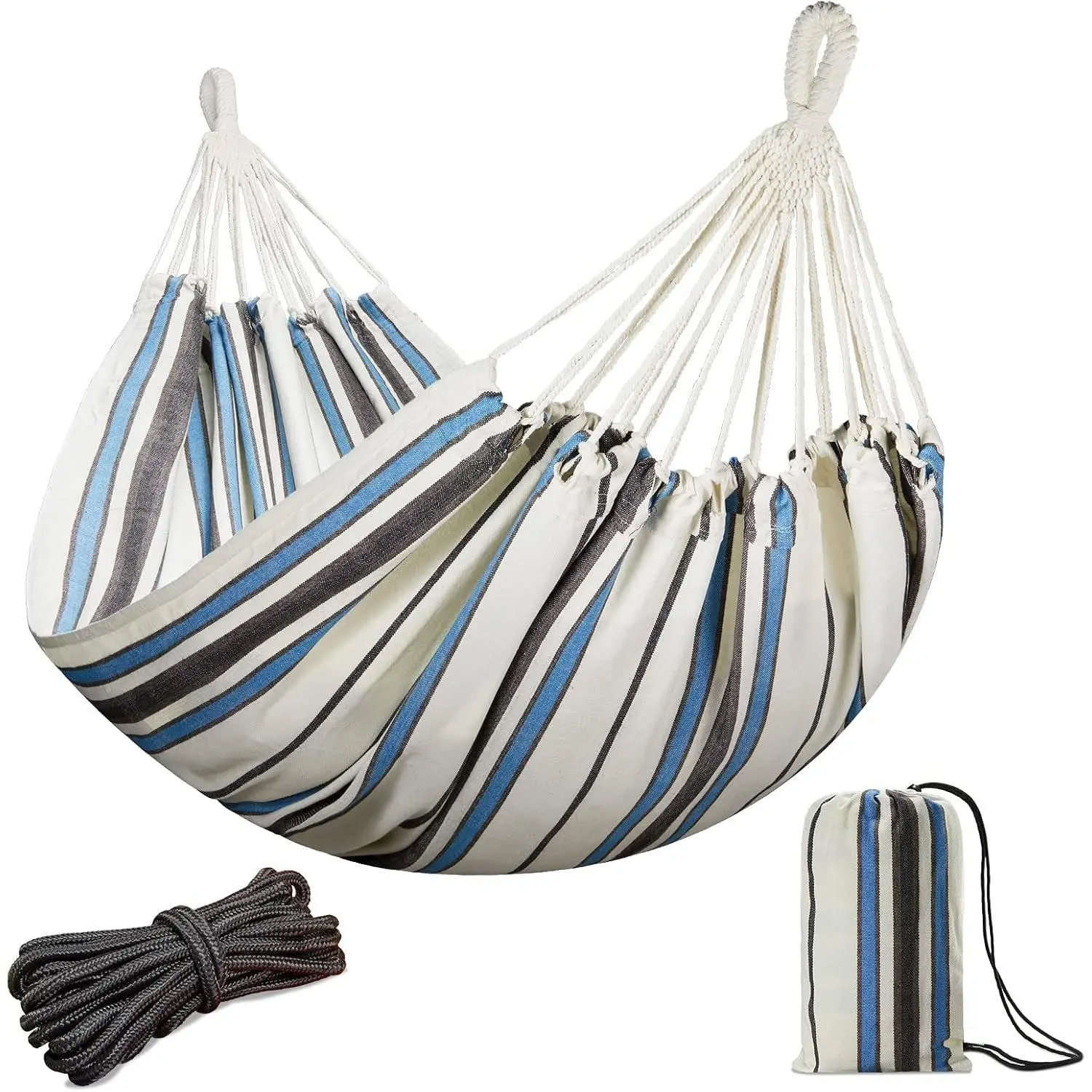 Brazilian Double Hammock with  Ropes  86.6x59” Portable  Hammock for Patio Backyard Porch 450LBS Weight Capacity  for Outdoor/Indoor - Blue & White Stripes