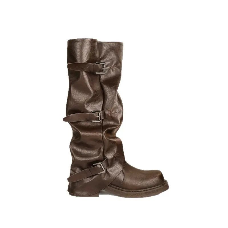 Women's Fall Black Genuine Leather Slouch Knee-High Pull-On Boots, Hidden Inner Platform, Thick Sole, Wide Shaft, Western Cowgirl Riding, Chunky Heel