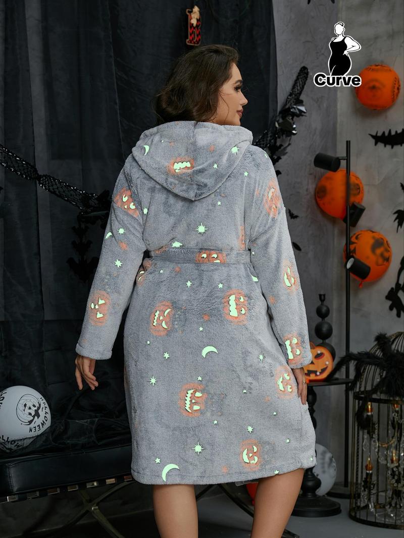 【Plus Size】 Halloween Themed Cartoon Pumpkin Print Glow In The Dark Belted Hooded Lounge Robe, Casual Long Sleeve Pocket Design Dressing Gown, Women's Fluffy Pajamas for Fall & Winter 【Plus Size】 Halloween Themed Cartoon Pumpkin Print Glow In The Dark Belted Hooded Lounge Robe, Casual Long Sleeve Pocket Design Dressing Gown, Women's Fluffy Pajamas for Fall & Winter