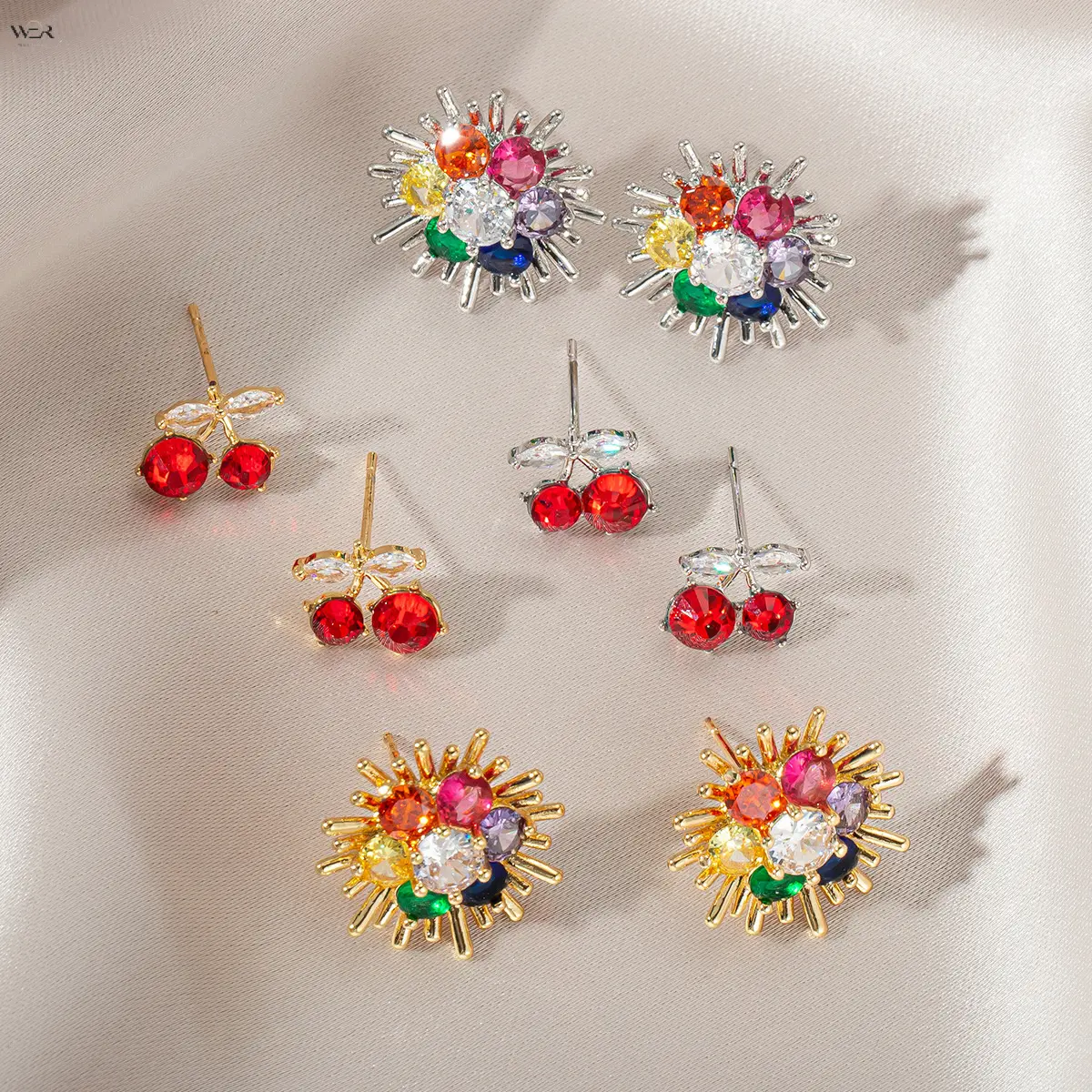 Women's Copper Cherry Starburst Rainbow Crystal Bead Earrings, Multicolor Stones Shiny Embellished Lightweight Feminine Studs, Summer Gift for Daily Wear & Special Occasion Fashion Accessory, Multicolor Stones Earrings, Shiny Embellished Earrings