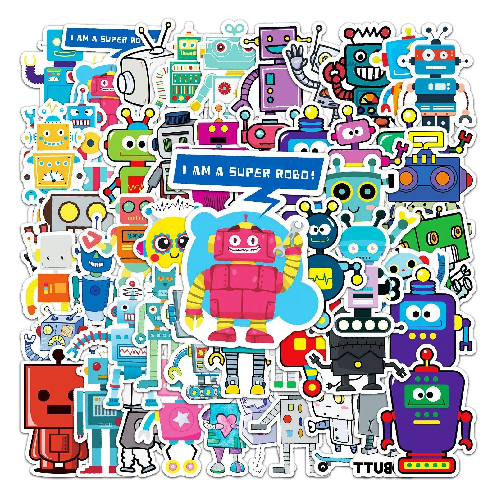 51 Cartoon Robot Stickers, Fun Robot Character Design, High-Quality PVC, Removable and Reusable, Ideal for Robot Enthusiasts and Decoration