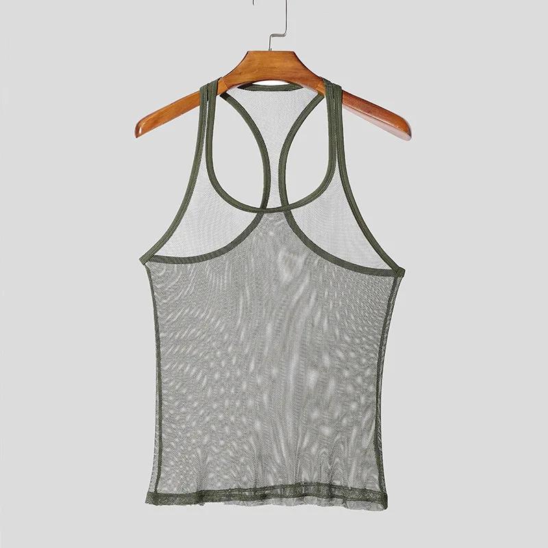 Kyn Apparel Men's Sexy Mesh Sports Tank Tops Chic Hollw Out O Neck Sleeveless T-shirt Breathable Solid Color Crop Vests Summer Fitness Tops