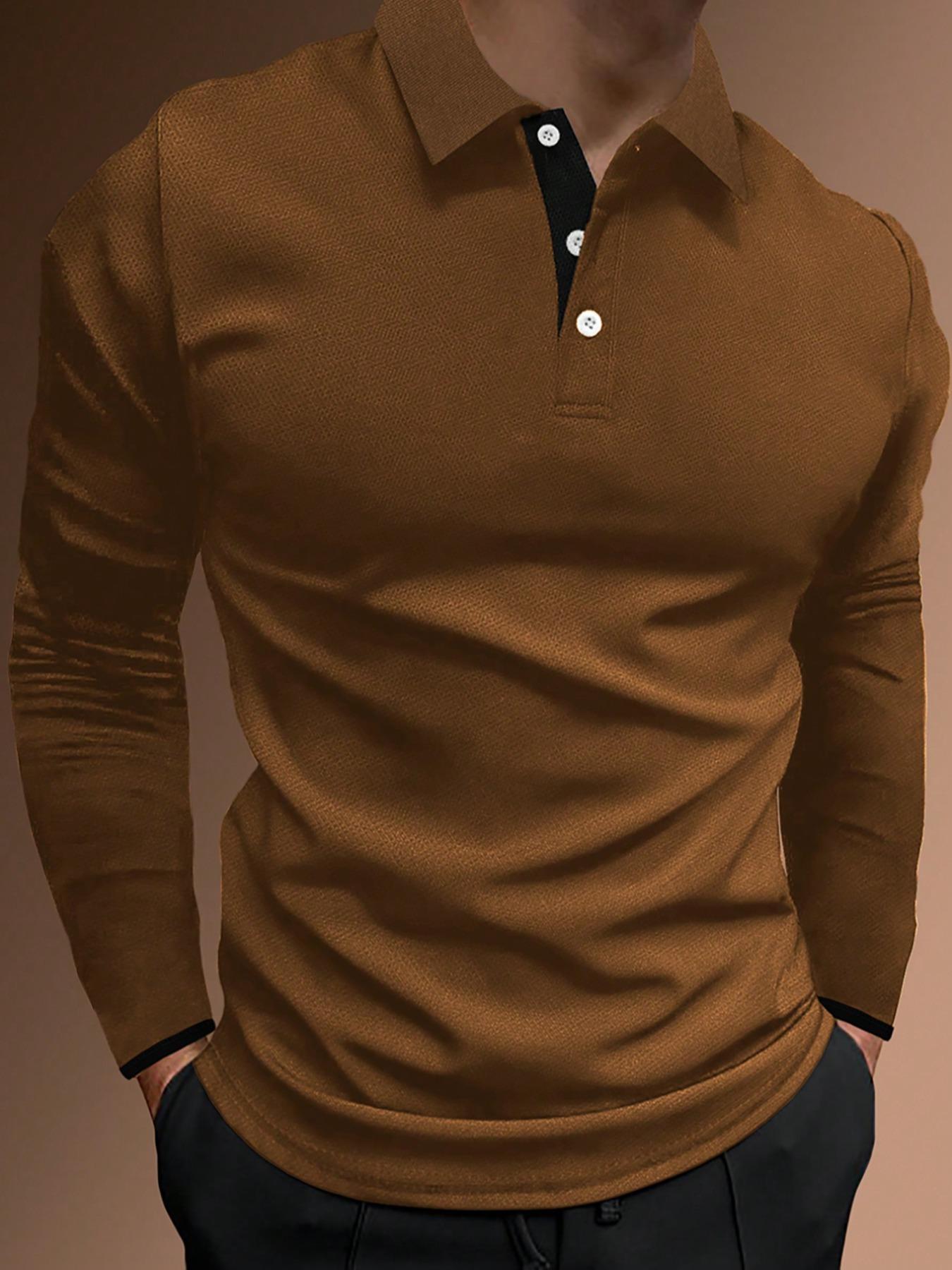 Men's Regular Fit Contrast Binding Button Front Polo Shirt, Men's Clothing Outfits, Casual Long Sleeve Half Placket Collared Top for Summer, Streetwear, Menswear for Daily Wear, Polo Tees