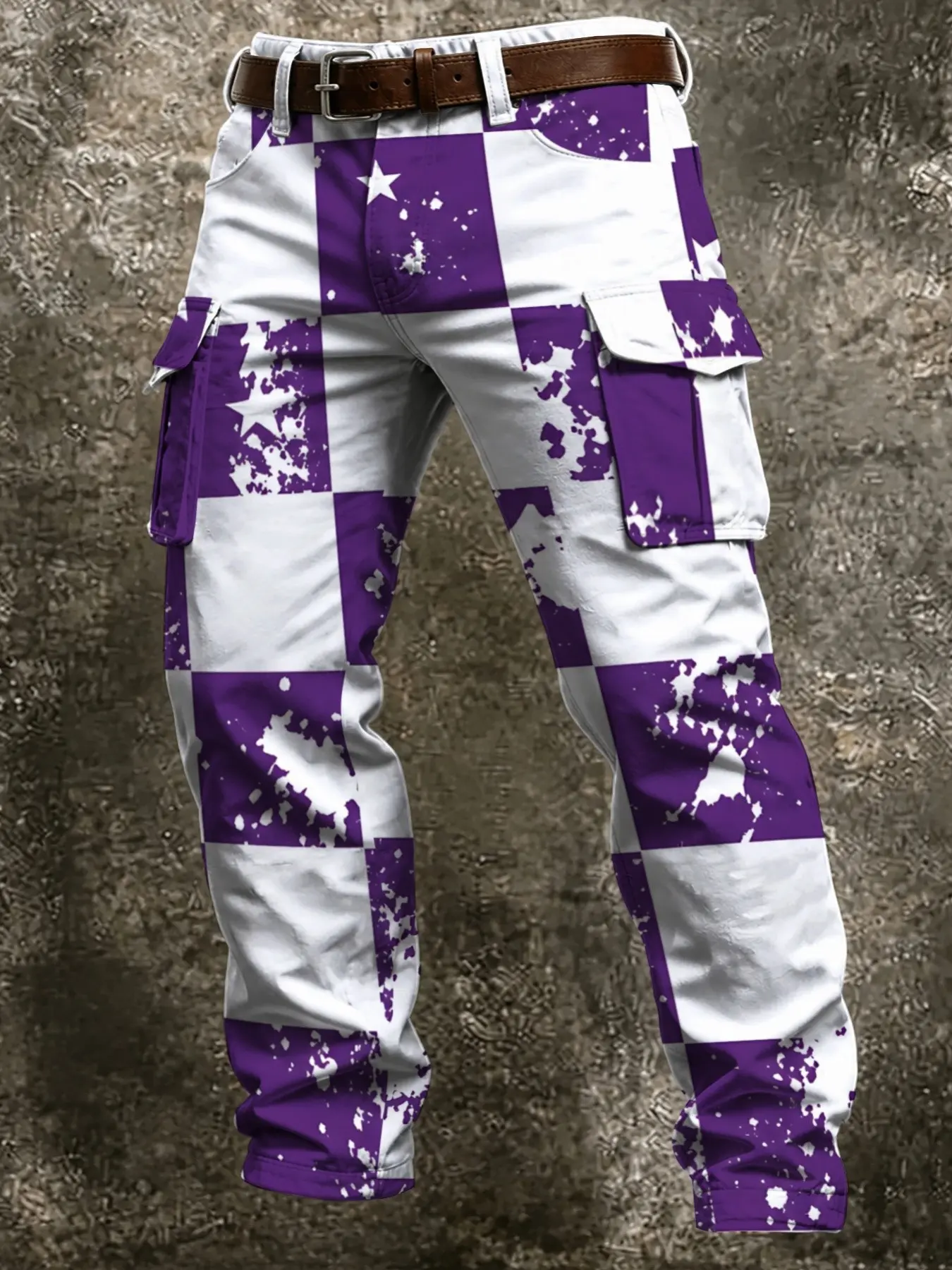 Men's Checkered Star Washed Cargo Pants, Vintage Plaid All over Print, Multi-Pocket American Style, Casual Slim-Fit Long Trousers