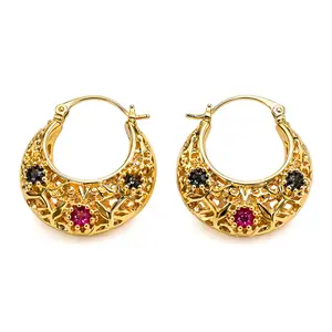 14K Gold Plated Tri-Color Filigree Flower Hoop Earrings, Vintage Basket Design Statement Earrings, Elegant Daily Wear Jewelry for Women, Unique Gift with Box
