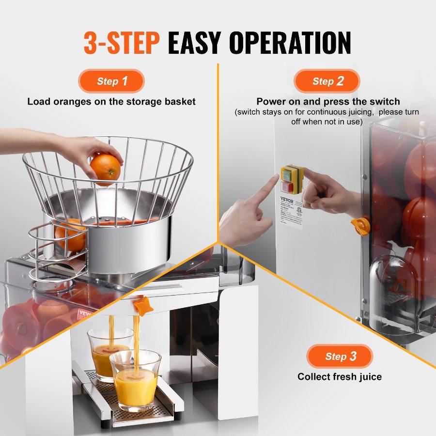 VEVOR Commercial Orange Juicer Machine, 120W Automatic Feeding Juice Extractor, Stainless Steel Juice Extractor for 25 Oranges Per Minute, with Pull-Out Filter Box, PC Cover, 2 Peel Collecting Buckets