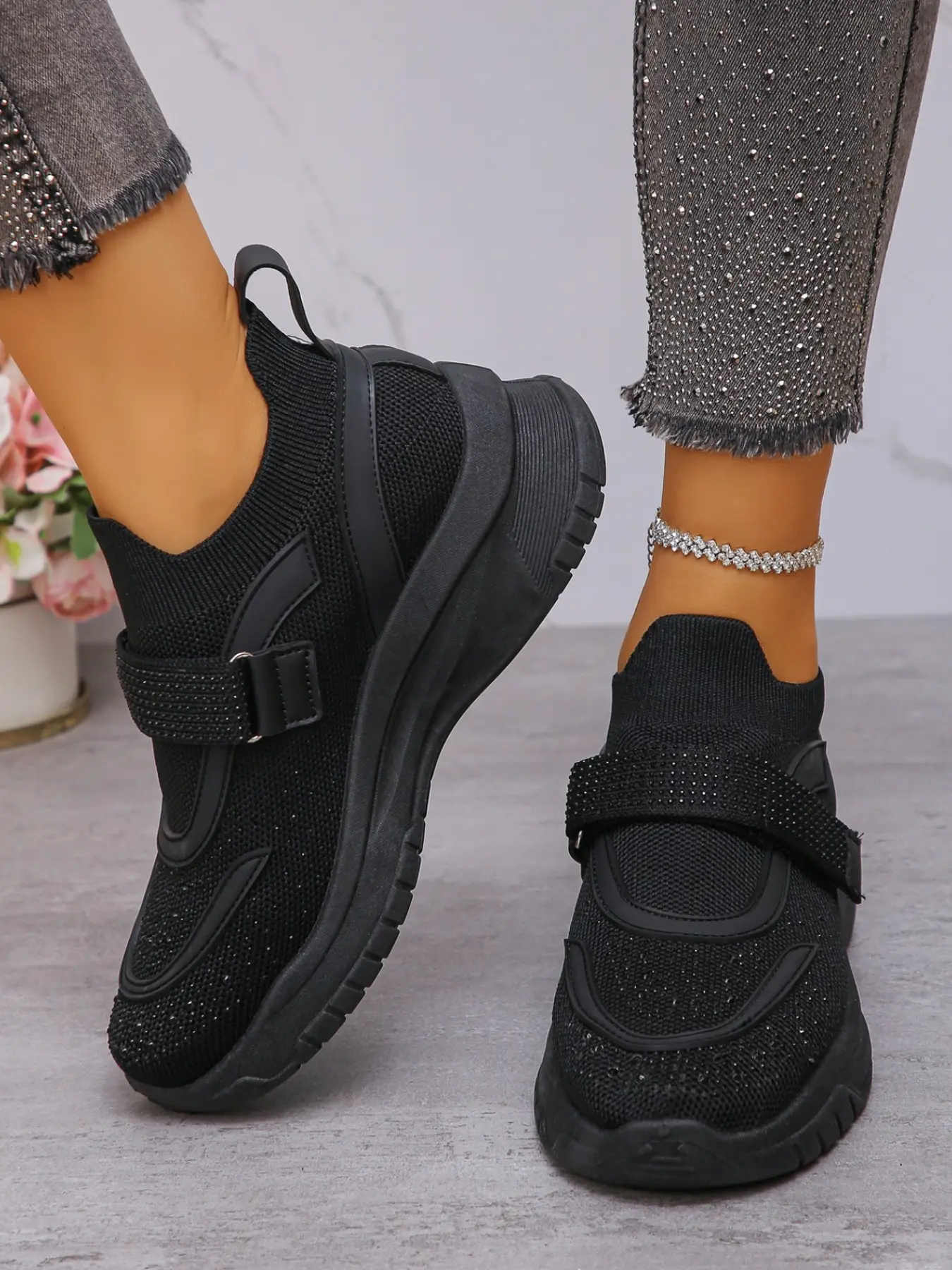 Women's Flyknit Rhinestone Velcro Sports Shoes, Thick Sole Height Boost Anti-Slip Elastic Sock Lining, Casual Lightweight Slip-On Daily Commute Shoes