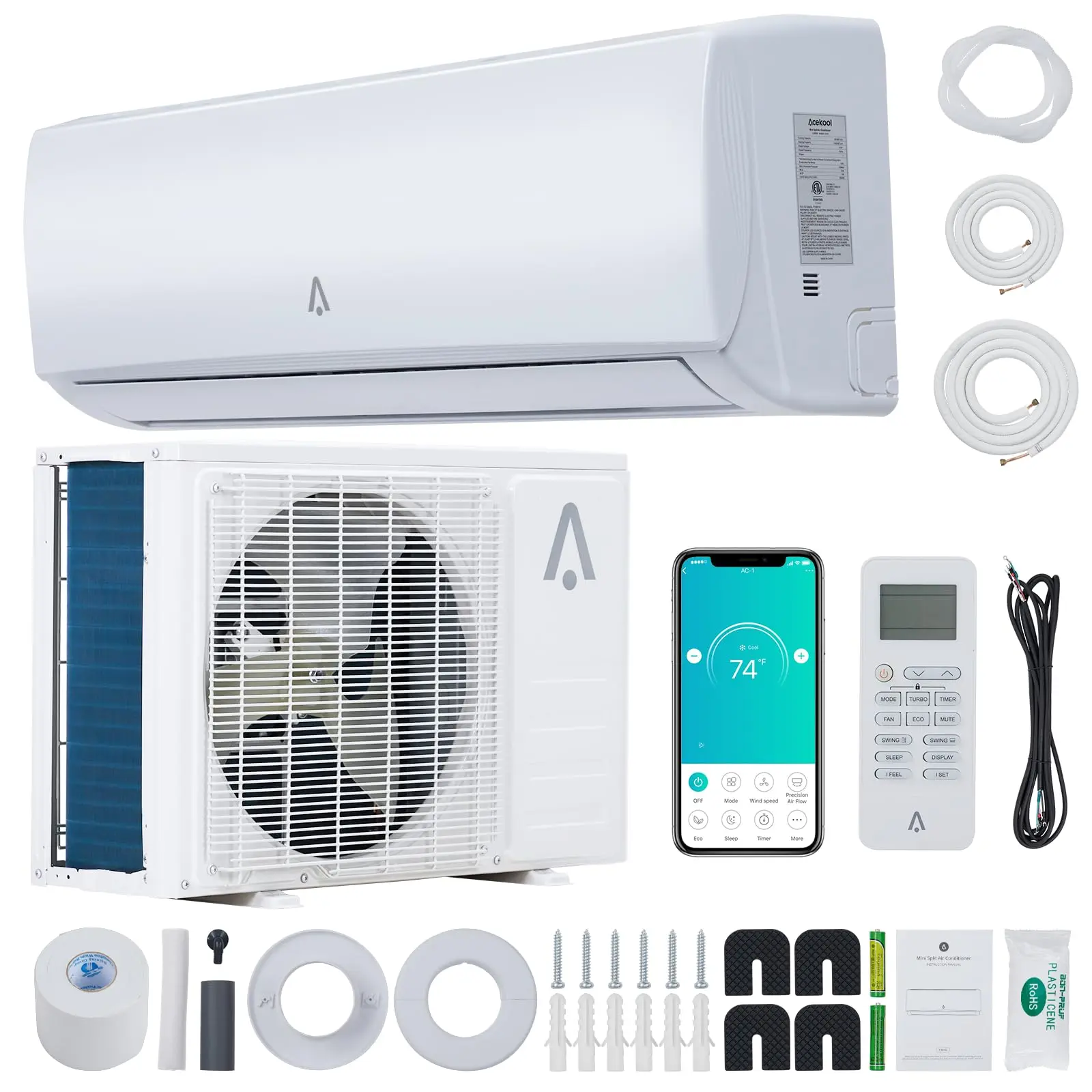 OP-12000 BTU，115V， Mini Split Air Conditioning/Heating System, 19 Seer2 Inverter Mini Split Ac for Cooling Up to 450 Sq. Ft., Ductless Mini Split Heat Pump Wall Mount