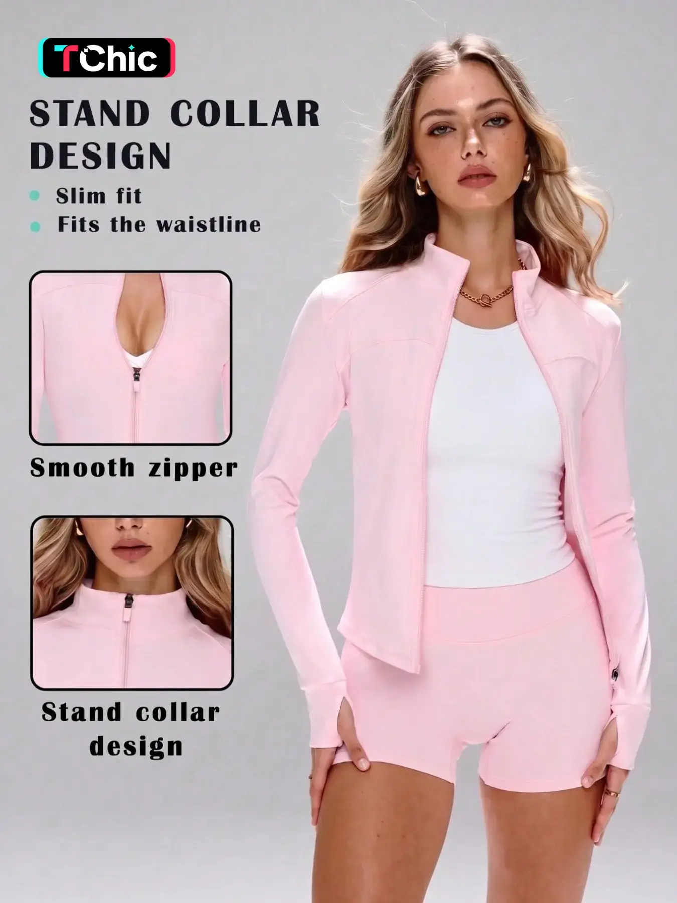 Stand Collar Zipper Fitness Jacket for Women, Thumb Loop Waist Cinch Short Sleeve Yoga Top, Slim Fit Sporty Outerwear