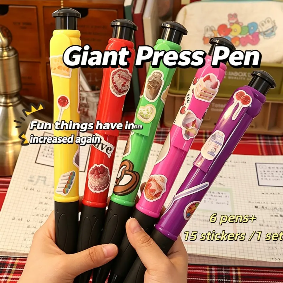 Creative Giant Neutral Pen Set, 6 Pens + 15 Stickers, DIY Sticker Design, Smooth Writing, Ideal for Notes, Back-To-School Gifts, Stress Relief