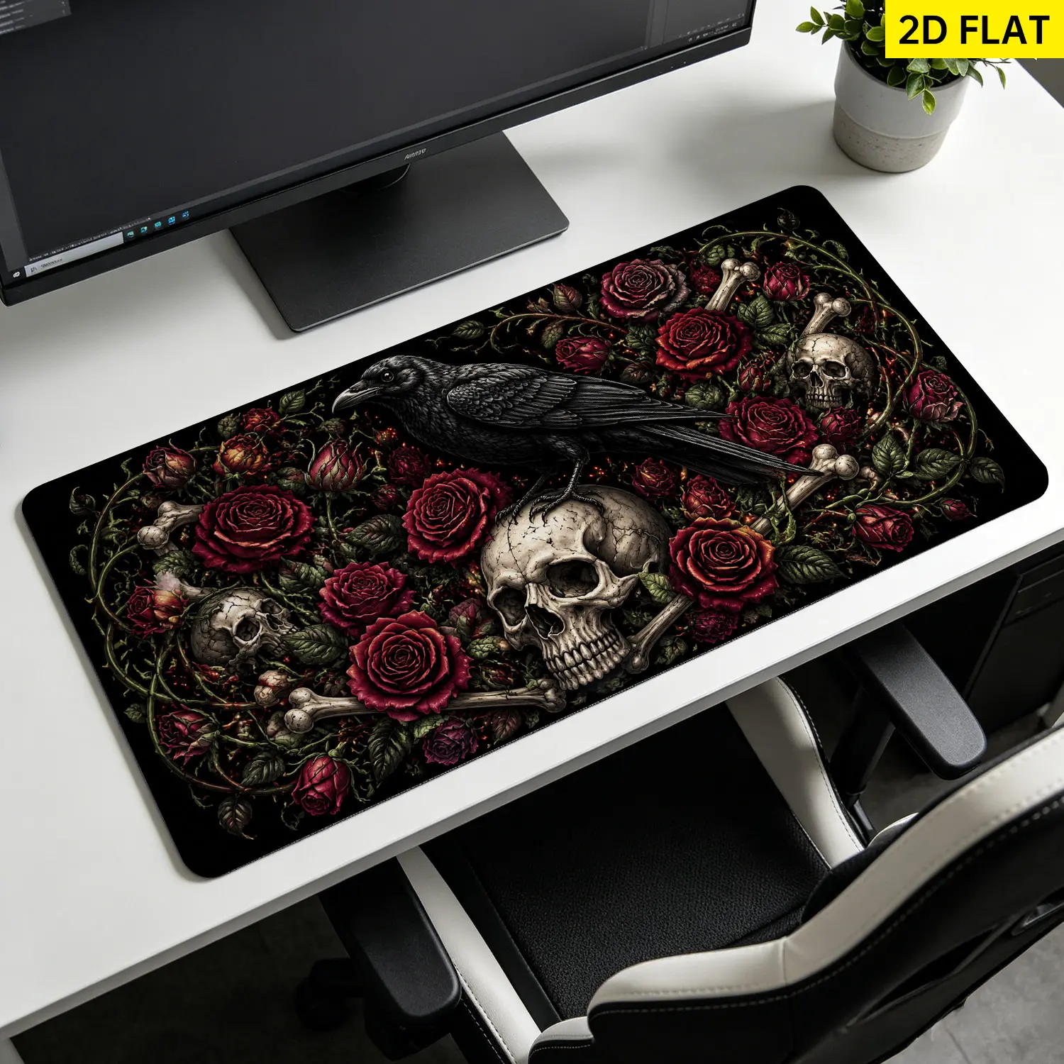 Gothic Rose & Raven Skull Design Gaming Mouse Pad, Extra Large Multi-Size Non-Slip Rubber Desktop Protection Pad with Washable Lock Edge, Premium Multipurpose Home Office Gift for Family and Friends, Yes