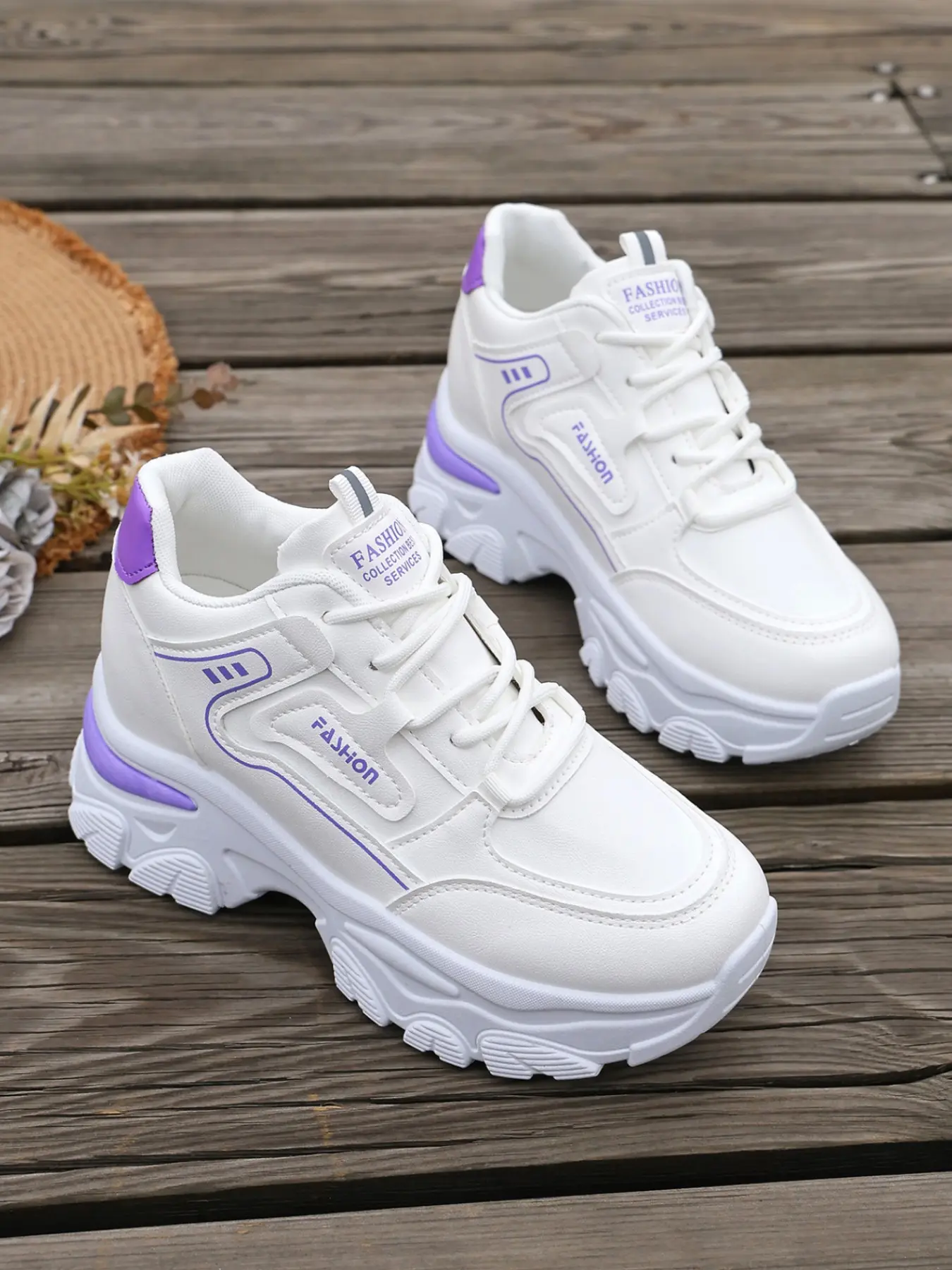 Women Hidden Wedge Platform Dad Sneakers, Outline Stitching Lace Up Faux Leather Height Increasing Casual Walking Trainers, 2 Colors Pink Purple