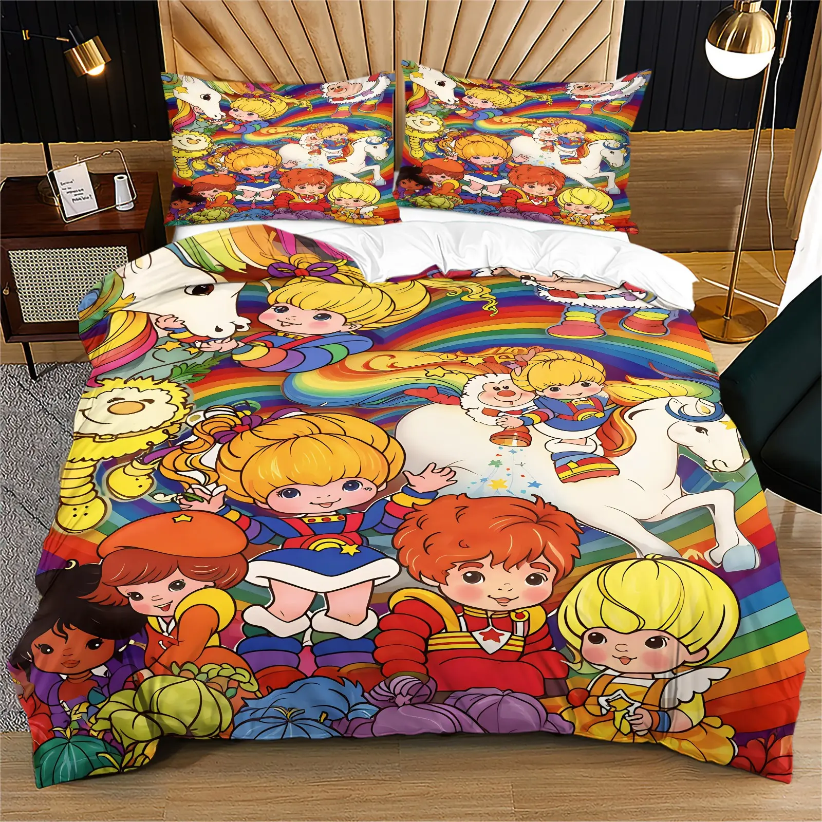 Rainbow Brite 80s Cartoon Duvet Cover Set, 2/3-Piece Microfiber Bed Linen, Colorful Retro Anime Bedding, Kids Bedroom Nostalgic Gift