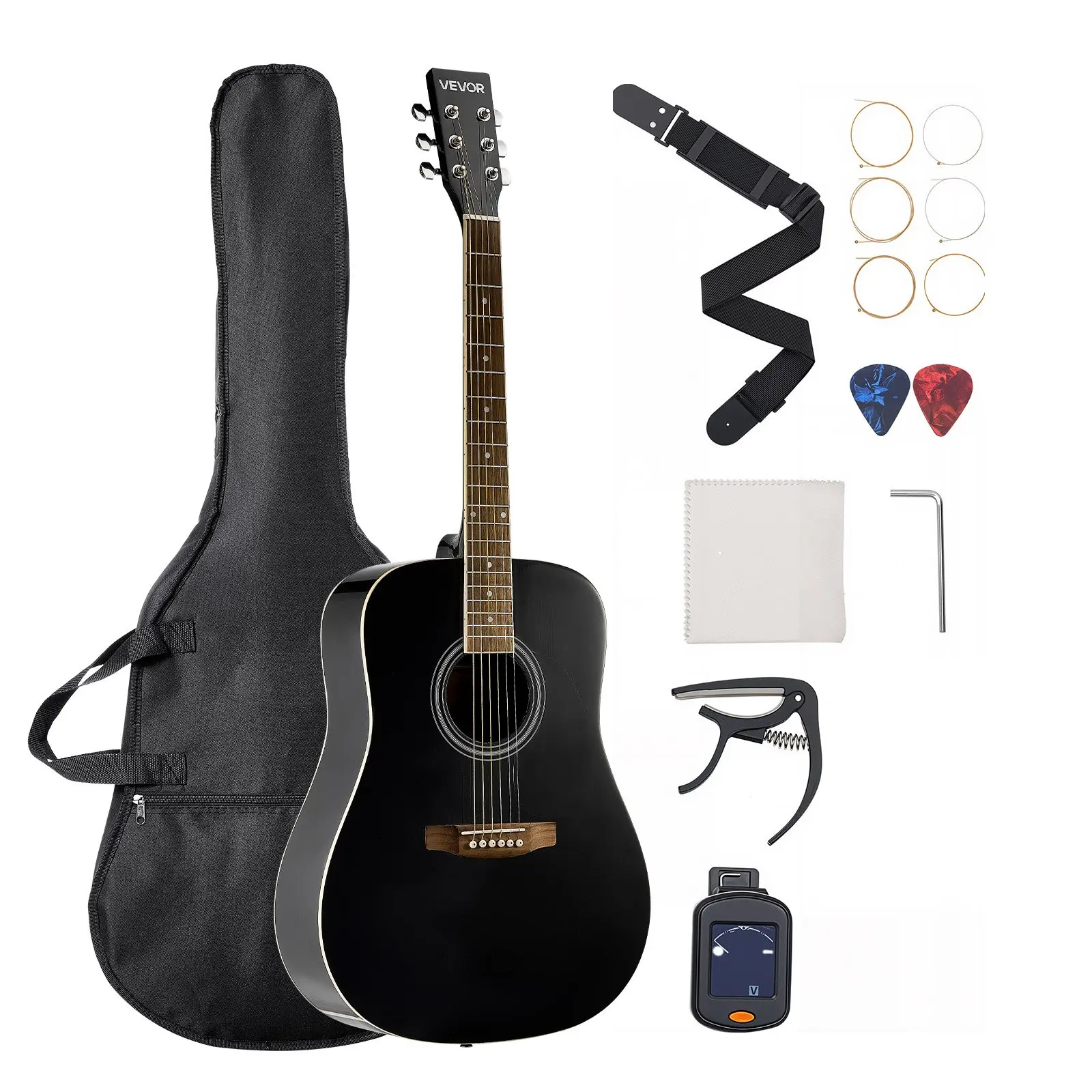 VEVOR Dreadnought Acoustic Guitar, 36 in, 39 in, 40 in and 41 in, 6-String Spruce Top Bundle with Gig Bag, Tuner, Strap, Capo and Picks