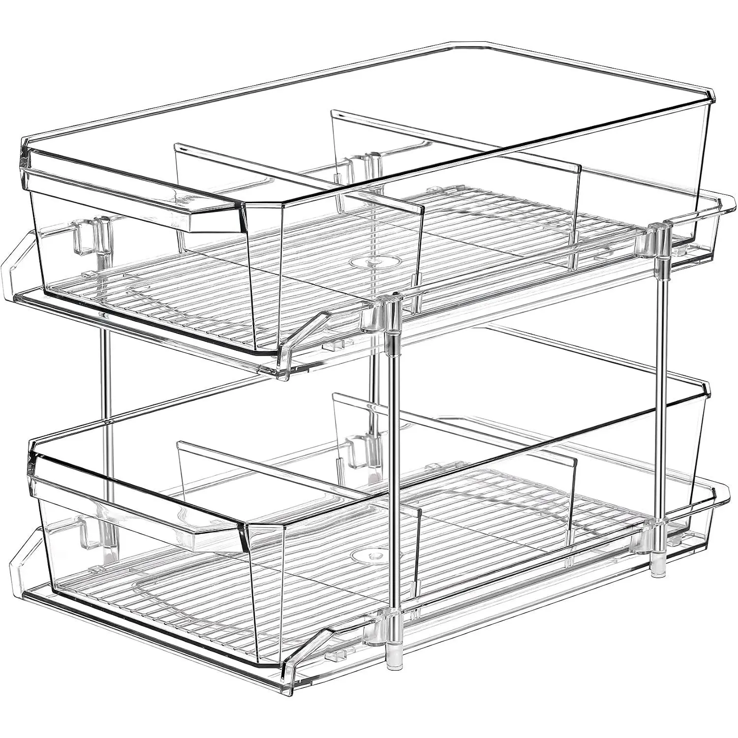 2 Tier Clear Organizer with Dividers for Cabinet, Shlef, Counter - MultiUse Slide-Out Storage Container - Kitchen, Pantry,  Cupboard Bins, Bathroom,  Makeup, Under Sink Organizing