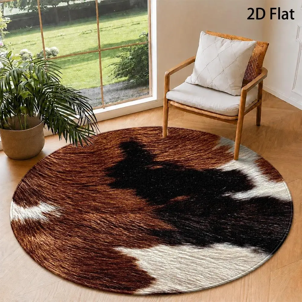 Round Flannel Rug 2D flat circular carpet, cowhide pattern large round carpet, rustic animal print round floor mat, durable and easy to clean, decorative carpet for living room, extra large circular carpet, suitable for living room, bedroom