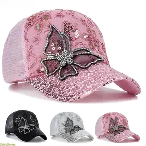 Butterfly Glitter Lace Baseball Cap, Adjustable Mesh Outdoor Sun Hat Mom Gift
