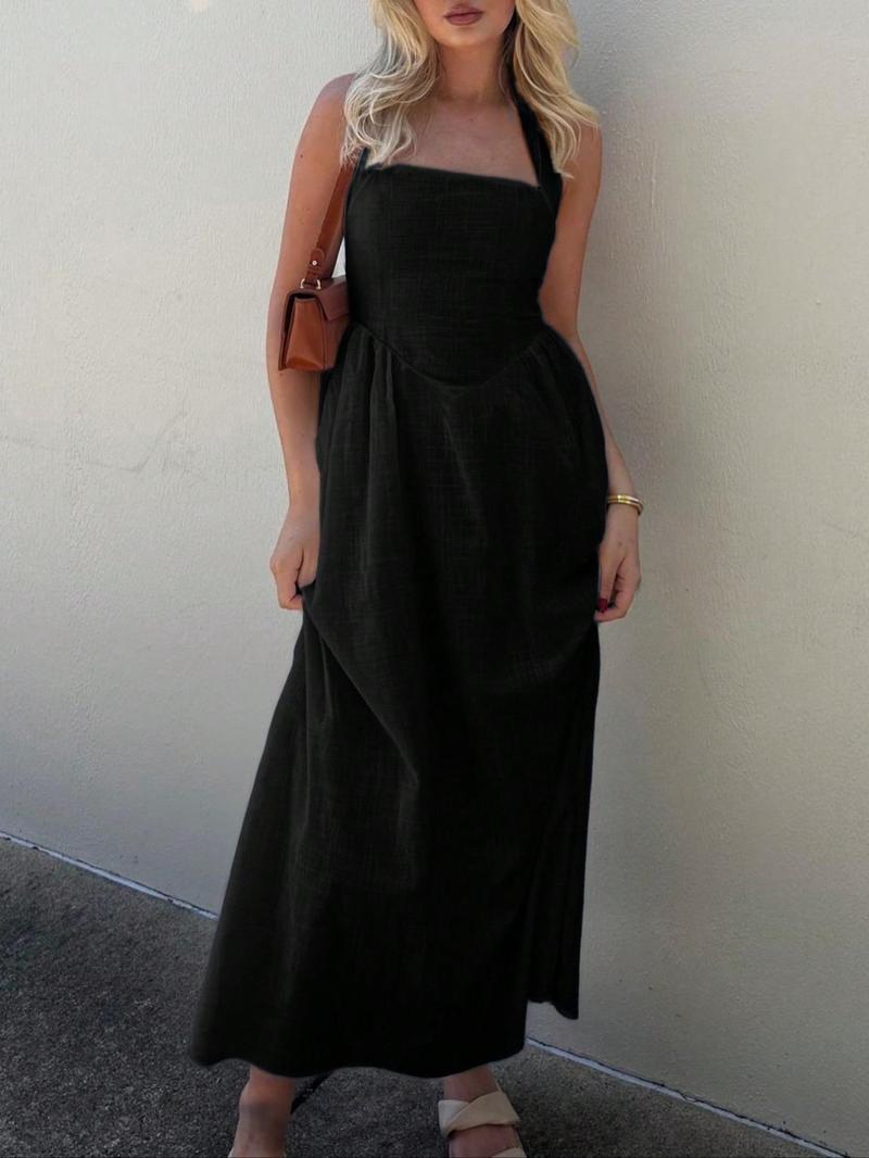 Women's Plain Pocket Zipper Back Dress, Casual Sleeveless Halter Neck A Line Dress for Summer, Ladies Clothes for Beach Holiday, Brunch Dresses