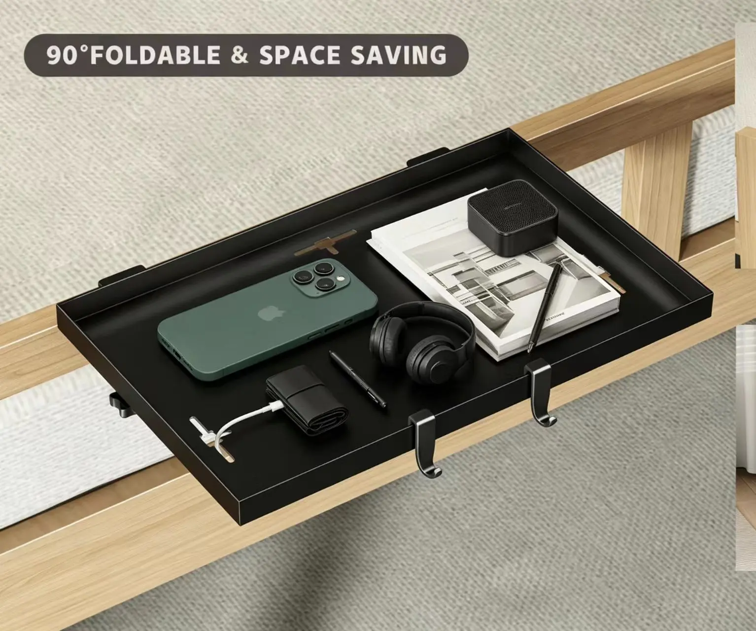 Back to School 90° Foldable Carbon Steel Clip-On Bedside Shelf Free-Drill Bed Side Tray with Cable Holes & Detachable Hooks for Dorm Bunk Beds College Students & Apartment Renters