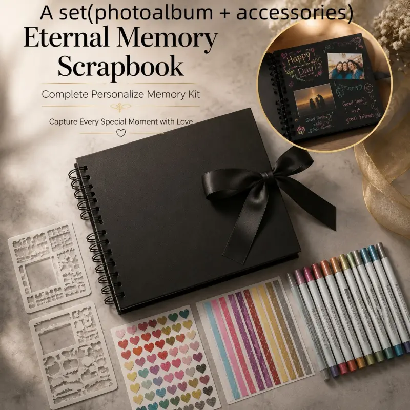 Black Scrapbook Photo Album Kit - DIY Memory Journal with Markers, Stickers & Stencils for Couples & Travel