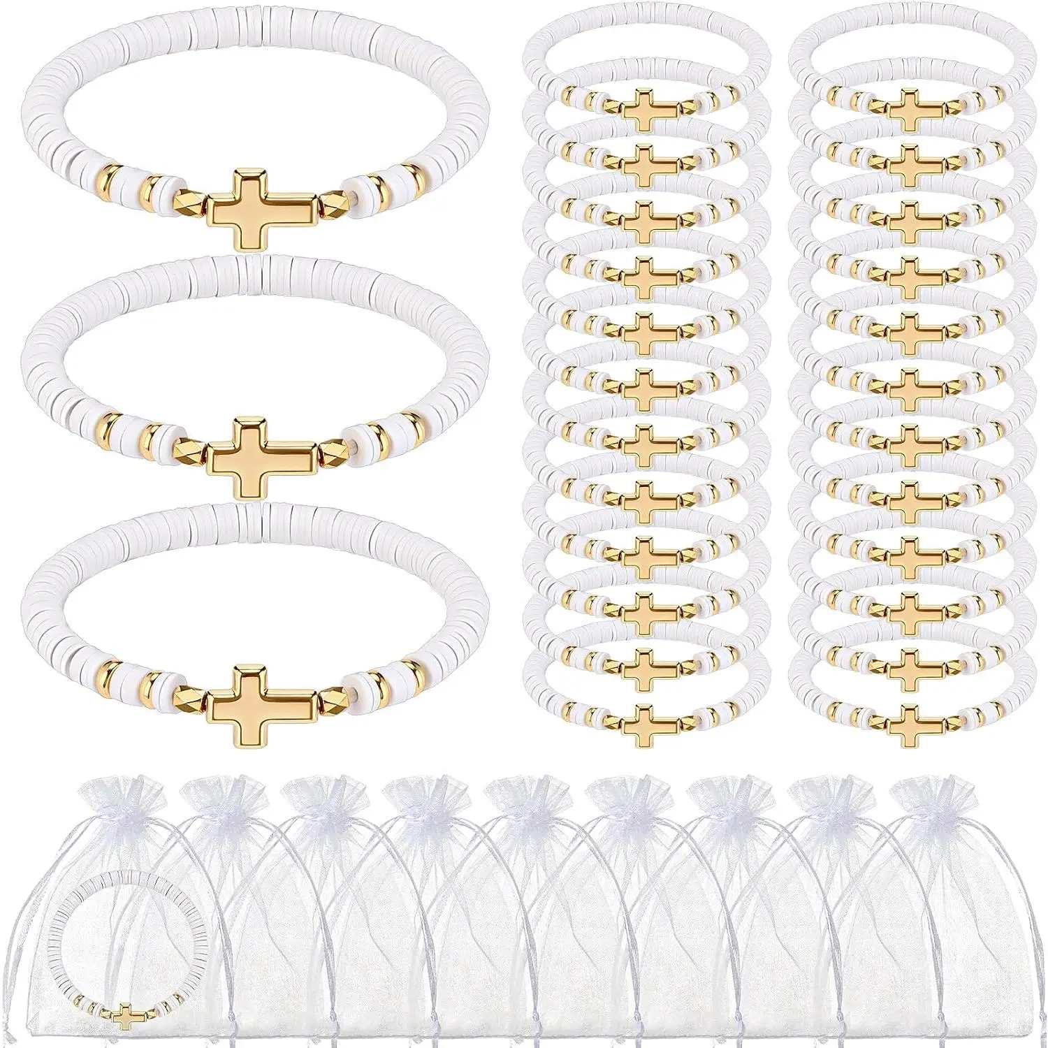 30 Pack Polymer Clay Bracelets with Cross Charm Pendant, Fading-Resistant Heishi Beads on Elastic Band, Religious Baptism & First Communion Gifts, Baptism Gift, Modern