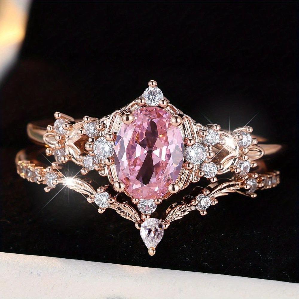 Cute Dainty Pink Flower Synthetic Zirconia Couple Rings, Promise Stacking Birthstone Rings, Golden Engagement Wedding Jewelry, Valentine's Day Mother's Day Christmas Gift