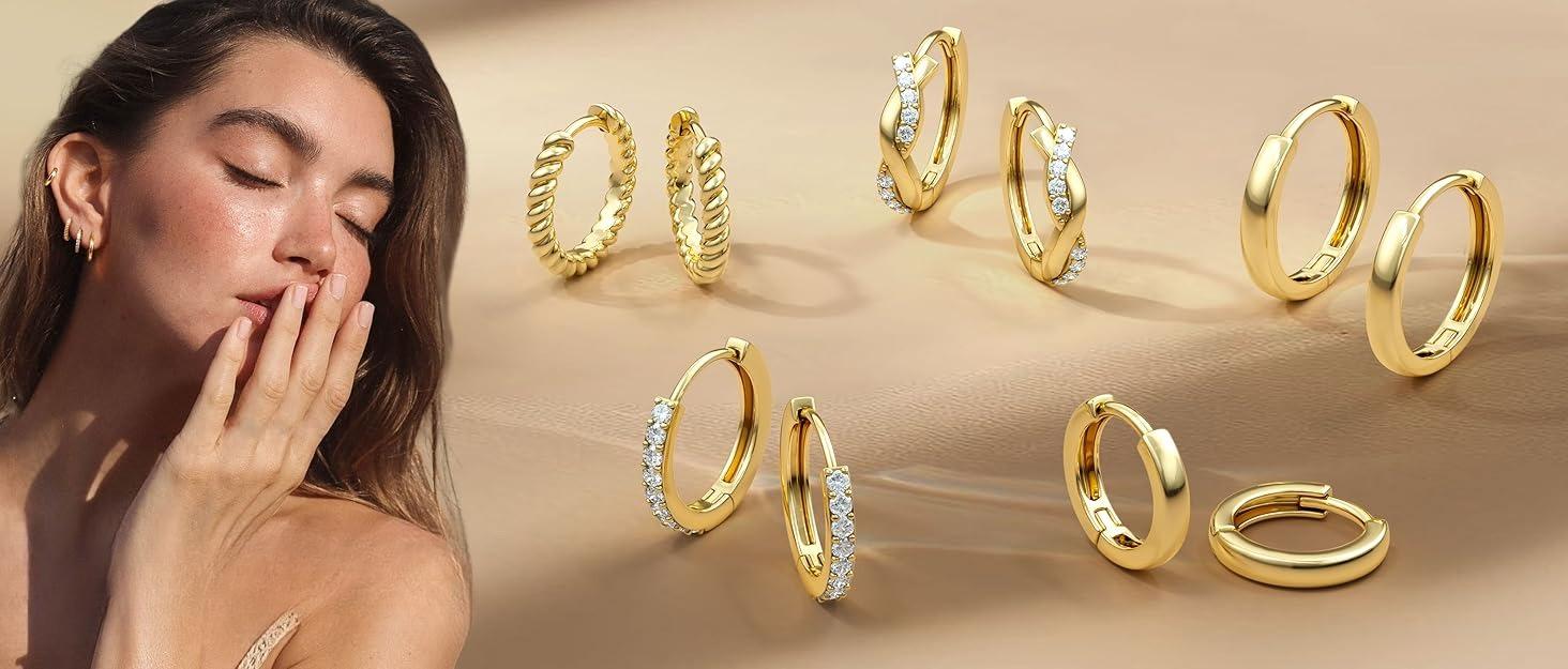 CASAIECA Hoop Earrings for Women Trendy 14K Gold Plated Huggie Earrings Hypoallergenic Cartilage Earring Stacks Cute Dainty Huggie Hoops Earring Sets for Multiple Piercing